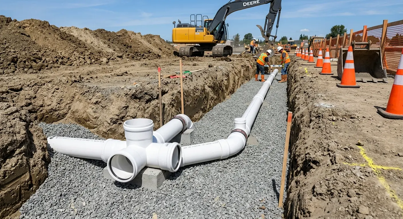 New PVC sewer pipe installation in open trench for Sewer Backup in South Union