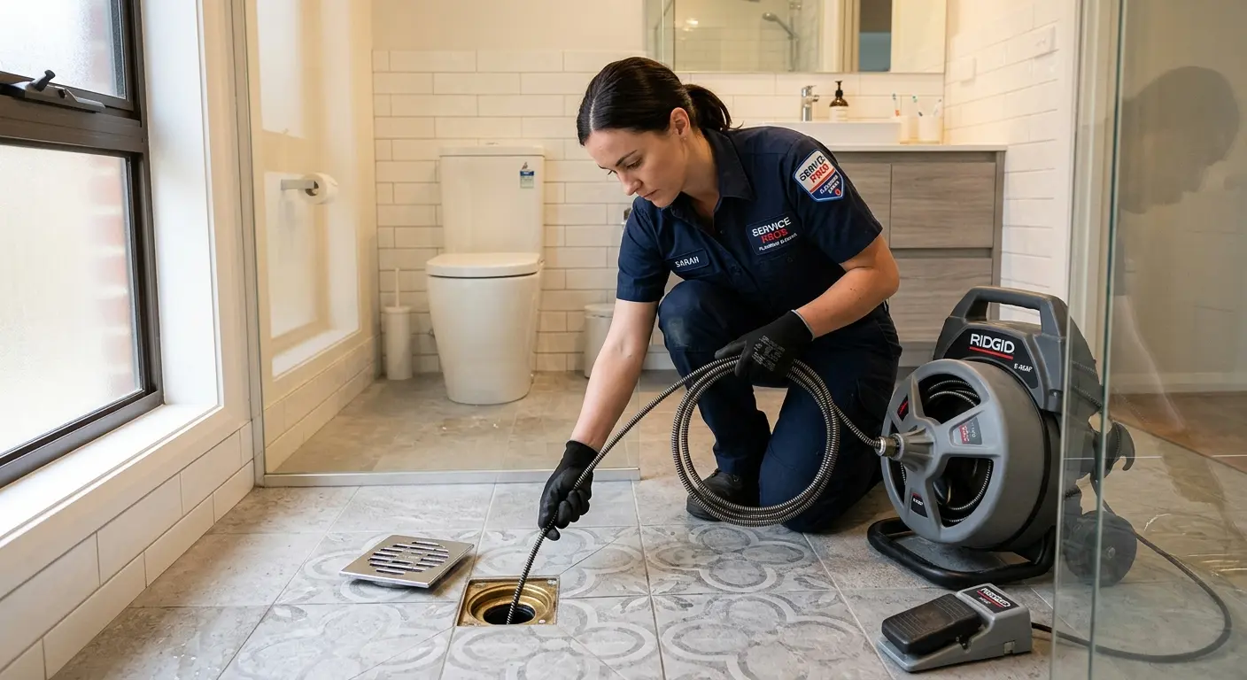 Technician clearing a bathroom floor drain for Hydro Jetting in South Union